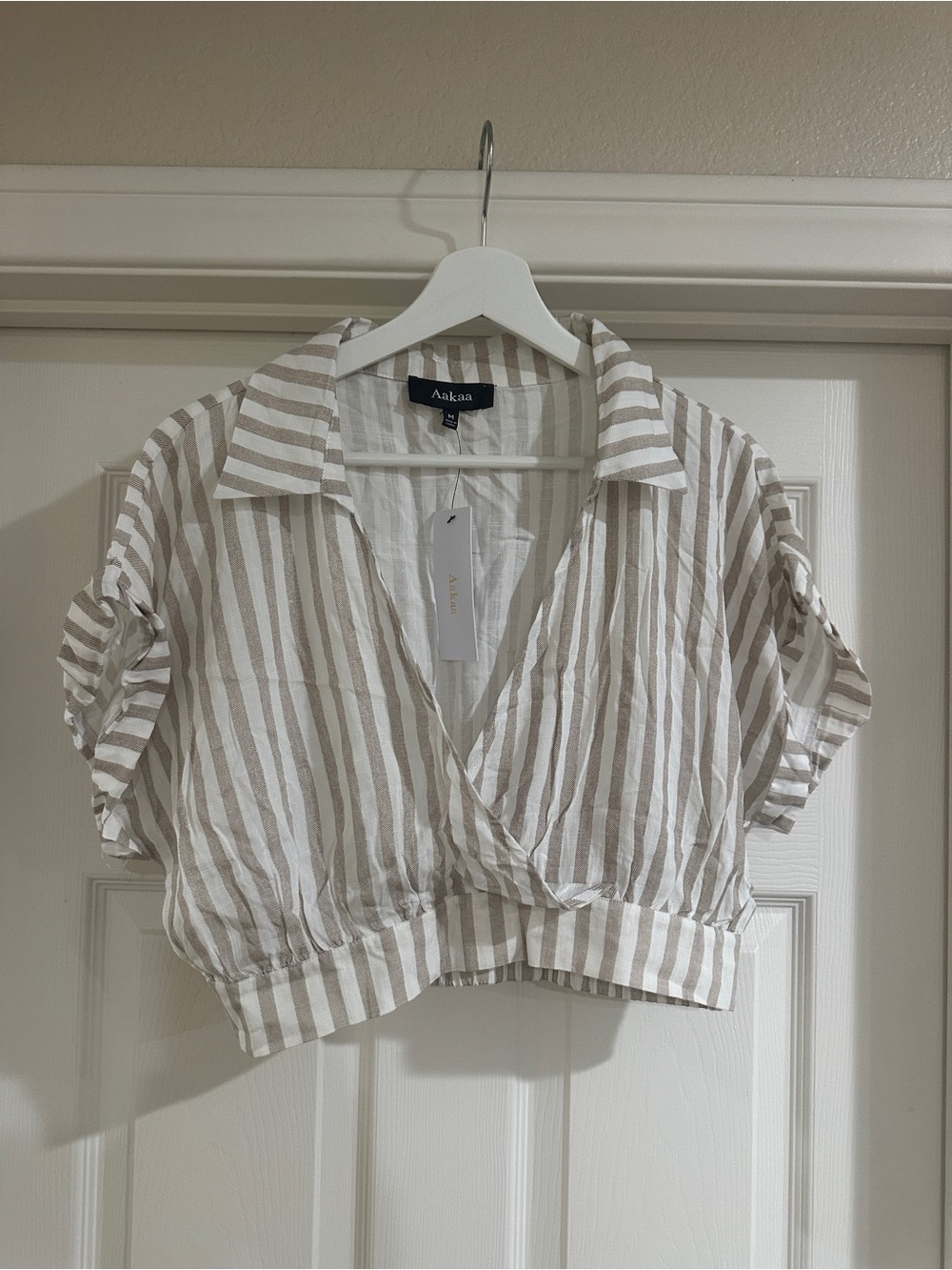 Aakaa White and Beige Striped Cropped Wrap Blouse